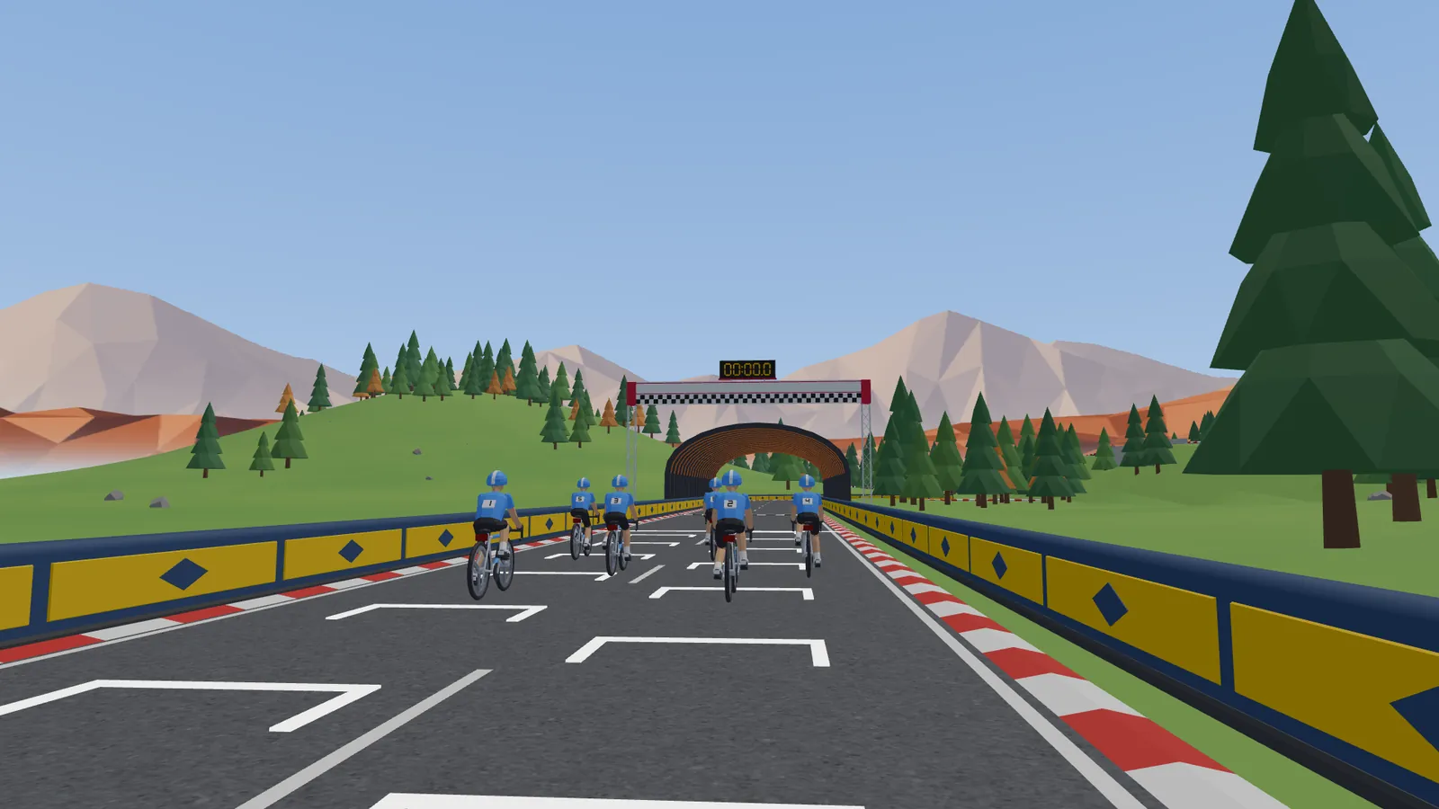 Riders rolling off the start grid under the gantry