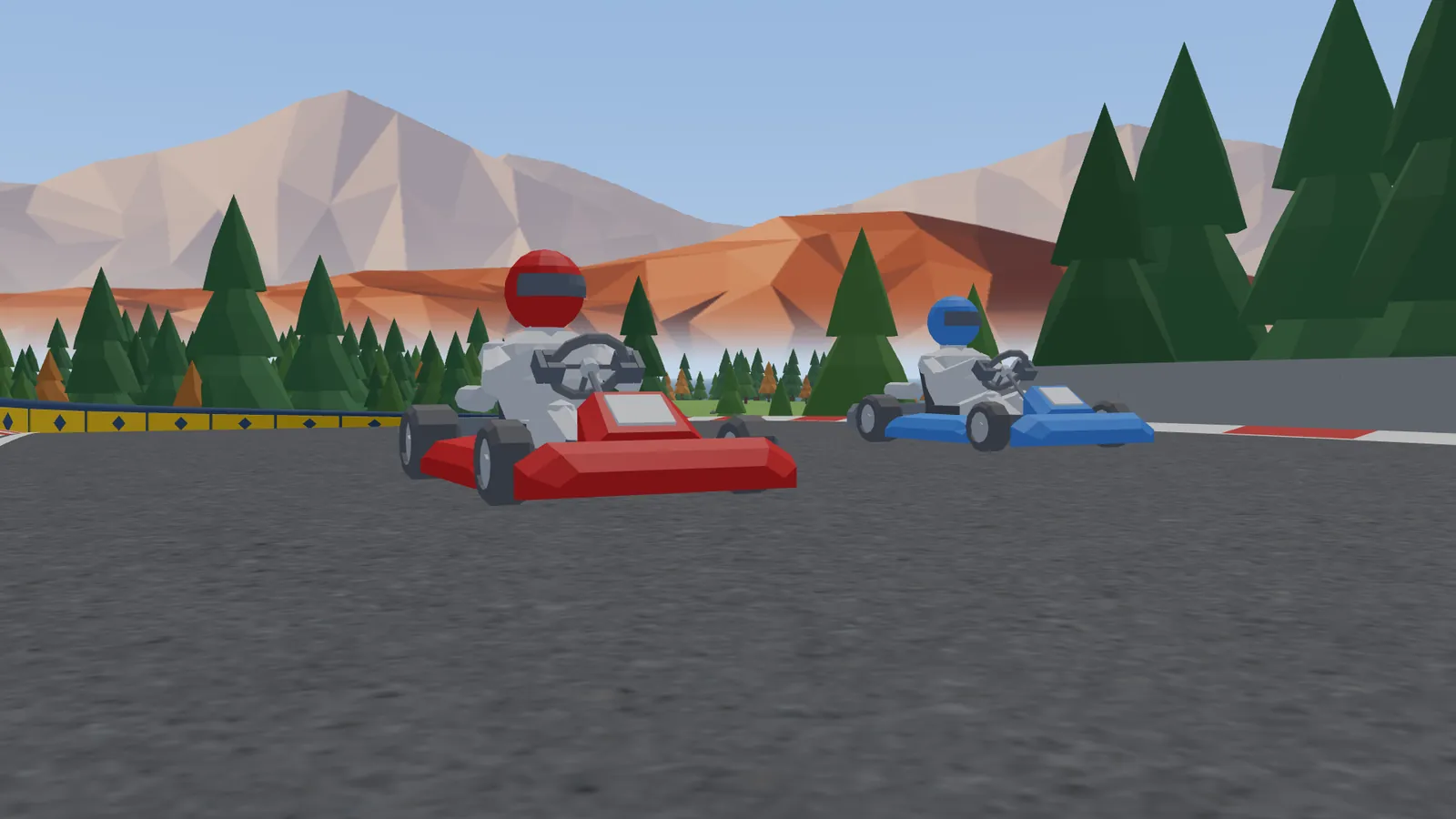 Two karts side by side on the bridge, red and blue
